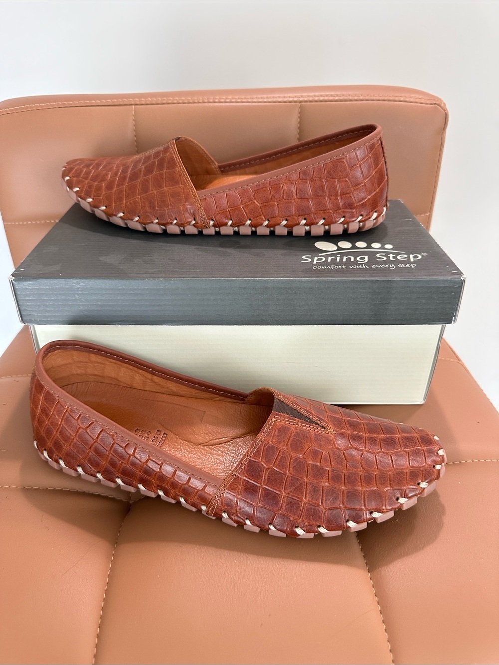 Spring Step Cognac Croc-Embossed Leather Slip-On Flats